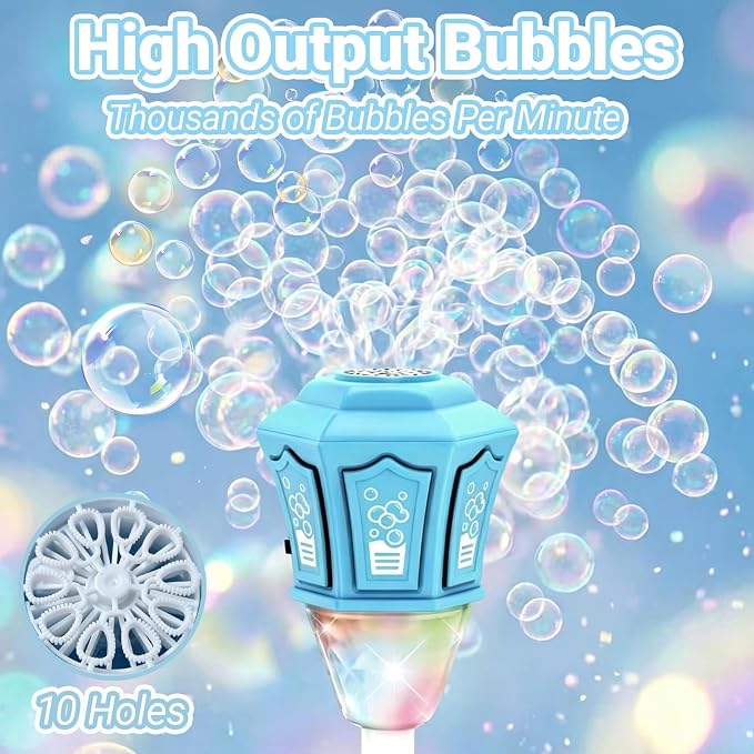 High Output Bubble Stand Machine, Automatic Bubble Blower with Colorful Lights Music, Electric Bubble Maker for Kids Toddlers, Perfect for Summer Outdoor Activities (Blue)