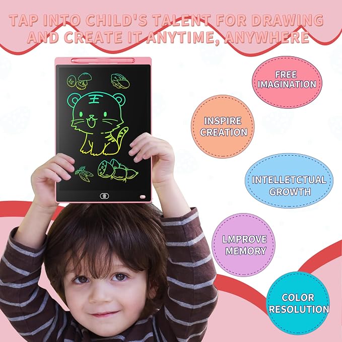 Genialba LCD Writing Board 12 Inches, Colourful Electronic Tablet, Portable Erasable Drawing Board, Graphic Tablet for Children's Games 3 4 5 6 7 Year Old Kid Boys Girls (Pink)