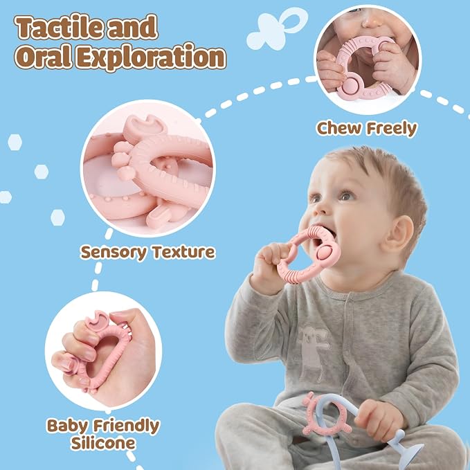 Baby Teething Relief Sensory Toys, High Chair Suction Cup Toy | Silicone Teether Tactile Developmental Toys for Babies, Montessori Activity for Airplane Travel, Table, Highchair Tray
