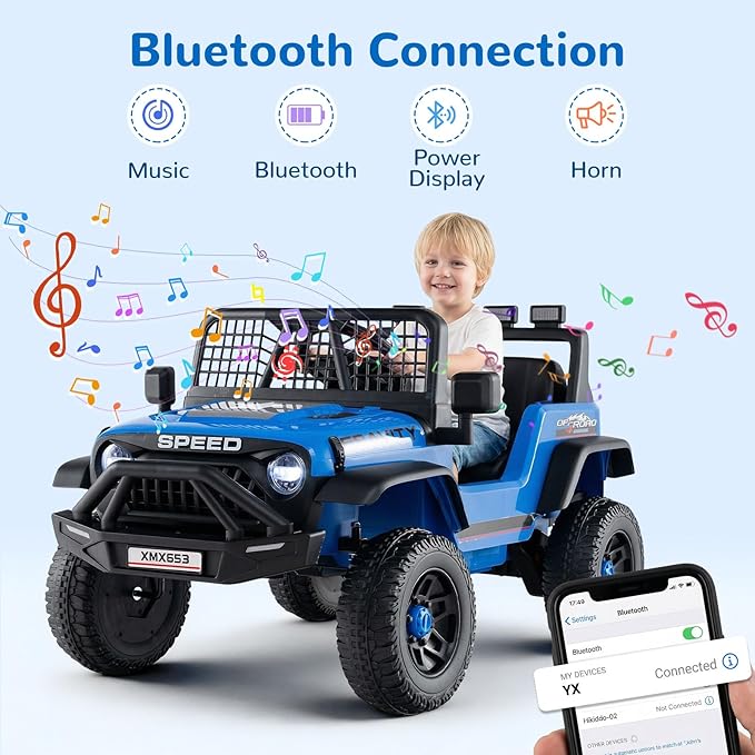 OLAKIDS 24V Ride on Car with Remote Control, Bluetooth, LED Lights, Horn, Spring Suspension, High/Low Speeds, Soft Start for Kids Aged 3+ (Blue)