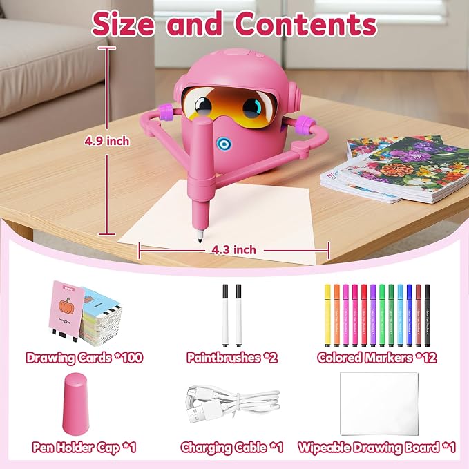 Peledic Drawing Robot Toy for Kids with 100 Word Cards & 12 Color Pens, Voice Interactive Educational Drawing Machine, Montessori Painting Toys for 3 4 5 6 7 8 Year Old Boys Girls Easter Gifts (Pink)