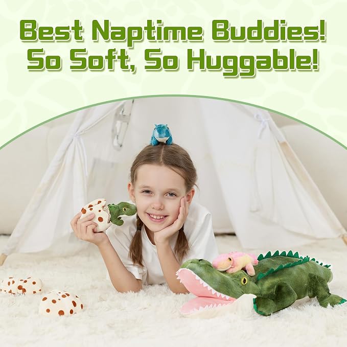 7Pcs Alligator Stuffed Animal, 23.6" Giant Crocodile Plush Toy with 3 Baby Crocodiles Plushies, Stuffed Alligator Gift for Kids on Birthday,Christmas or Baby Shower,Party Decorations