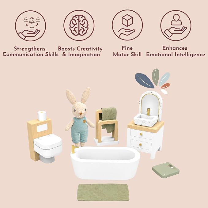 SPEEDY MONKEY Wooden Dollhouse Bathroom Playset with Bunny for Pretend Play | Miniature Bathroom Furniture Set with Bathtub, Sink, Toilet & Mirror | for Kids Ages 3+