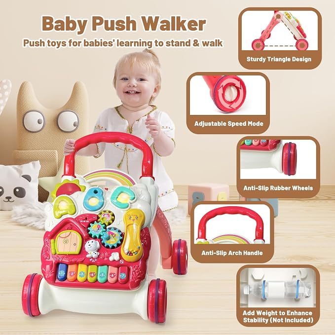 Sit to Stand Baby Walker, Activity Center with Music and Light, Activity Table for Toddlers, Push Toys for Babies Learning to Walk, Early Education Toys for Infant Boys Girls 6 Months Up (Red)
