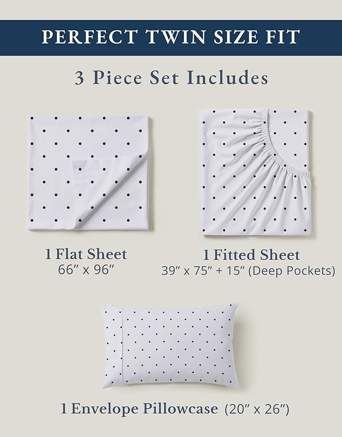 LANE LINEN Twin Sheets 100% Organic Cotton 3pc Percale Cooling - Polka Dot | Organic Cotton Percale Twin Sheet Set - Naturally Cooling & Lightweight, Cool All Summer, Cozy All Winter, Great For Gifting