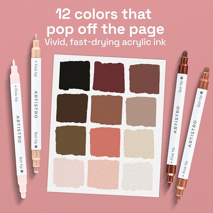 ARTISTRO 12 Skin Tones Dual-Tip Acrylic Paint Markers – Paint Pens Set with Dot & Fine Tips for Fabric, Rock, Glass, Wood, Coloring Books – Arts & Crafts Gift – Classroom Must Haves & School Supplies