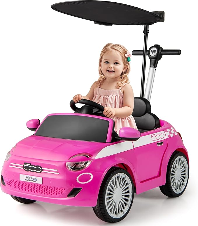 OLAKIDS Push Car for Toddlers, 3 in 1 Licensed Fiat 500e Baby Sliding Walking with Parent Control Handle Adjustable Canopy Footrest, Kids Ride on Toys with Horn for Boys Girls (Pink)
