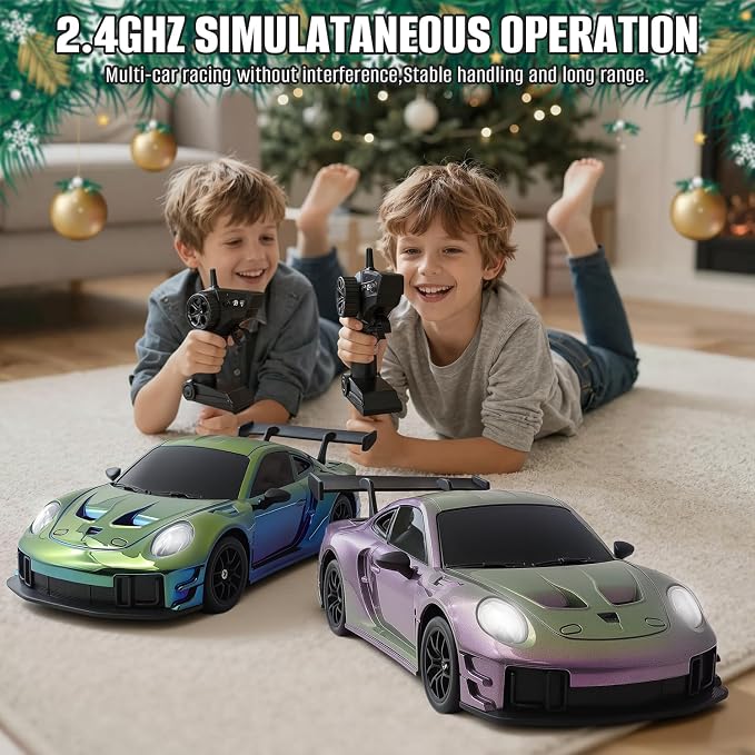 RC Drift Car, 1:24 4WD Remote Control Cars Vehicle with LED Light,2.4GHz 20KM/H High Speed RC Cars with Two Batteries & Drifting Tires Racing Sport Toy for Adults Boys Girls Kids