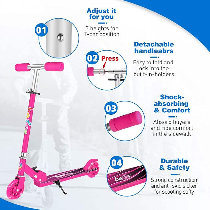 BELEEV V1 Scooters for Kids, 2 Wheel Folding Kick Scooter for Girls Boys, 3 Adjustable Height, Light Up Wheels, Lightweight Scooter with Sturdy Frame, Kickstand for Children 3 to 12 Years Old