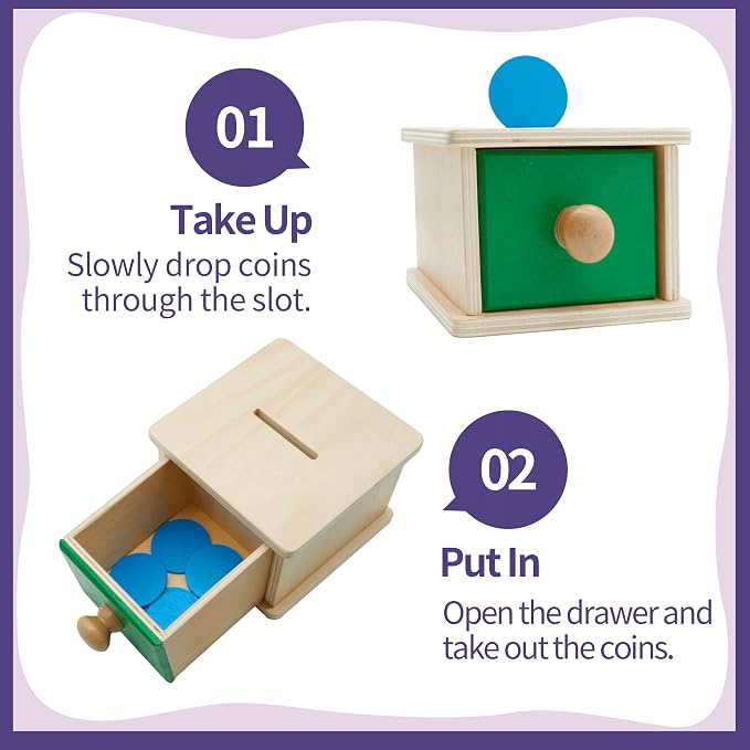 Montessori Wooden Coin Box with Drawer for Baby 18+ Months, Coin Sorter Fine Motor Toys for Kids, Motessori Classroom Learning & Educational Resources Toys Gifts
