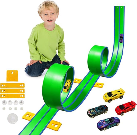 15 Ft Flexible Race Car Track (Aqua Green) for Kids,Flex Track Starter Set Compatible with Hot Wheels and Diecast 1/64th Cars,Portable Racetrack Roll Up Race Track with 4 Racecars and Suction Cups