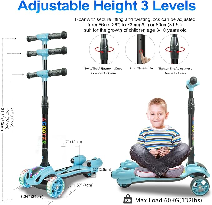 3 Wheel Scooter for Kids, Toddler Scooter with Bluetooth Music Speaker Steam Sprayer LED Lights Aluminum Alloy T-Bar, Folding Kick Scooters for Boys Girls Ages 3-10