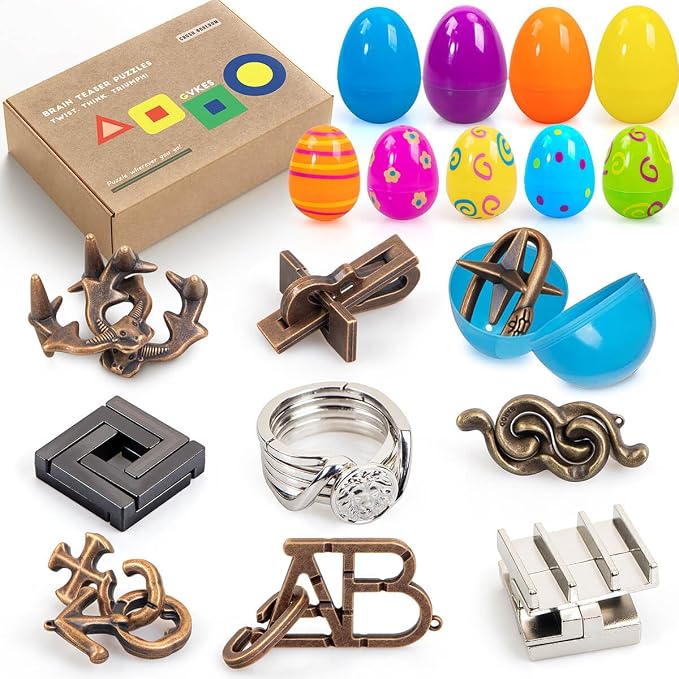 9-Piece Metal Brain Teaser Puzzle Toys for Adults & Teens - Challenging Games with Surprise Eggs, The Perfect Christmas & Easter Gift to Boost IQ & Logic (Ages 12+)