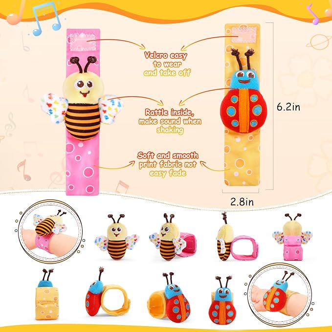PADONISE Baby Wrist Rattle Socks and Foot Finder Set Baby Rattles Toys for 0-12 Month, Infant Girl Boy Toys for Babies 3-6 Months, Newborn Hand & Foot Toys for 0 to 9 Months, Baby Easter Gifts