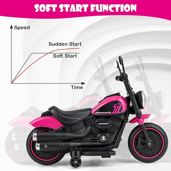 Costzon Toddler Motorcycle, 6V Battery Powered Electric Motorcycle with Detachable Training Wheels, Soft Start, Headlights & Music, Kids Motorcycle Ride on Toy for Toddlers Boys Girls 18+ Months(Pink)