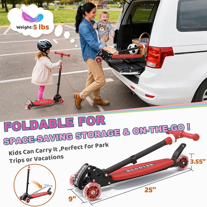Kick Scooter for Kids Ages 6-12, Stable 3 Wheel Kids Scooter with LED Light-Up Wheels, 3 Adjustable Heights, Lean-to-Steer, Foldable, 6" Extra Wide Deck for Boys and Girls Gifts