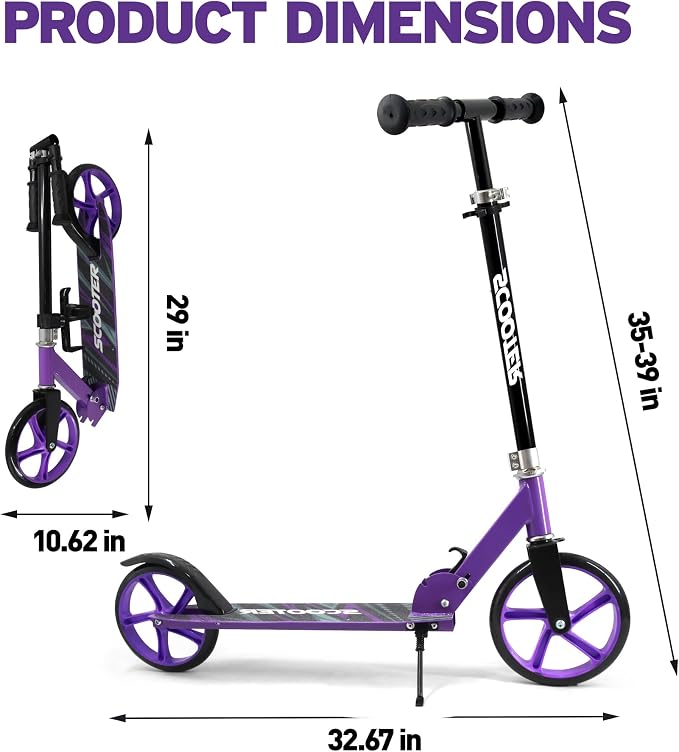 Scooter for Kids Ages 6+, Teens & Adults, Max Load 240 LBS, Foldable Kick Scooter with 8-inch Big Wheels, Kickstand, 3 Adjustable Levels, Rear Brake,