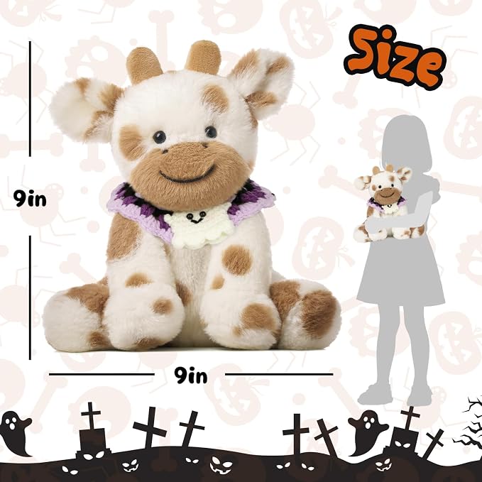 Hopearl Adorable Halloween Plush Cow Toy with Knitted Cute Ghost Bib Floppy Dairy Cattle Soft Stuffed Animal Kawaii Gifts for Boys Girls Kids Toddlers, Light Brown, 9''
