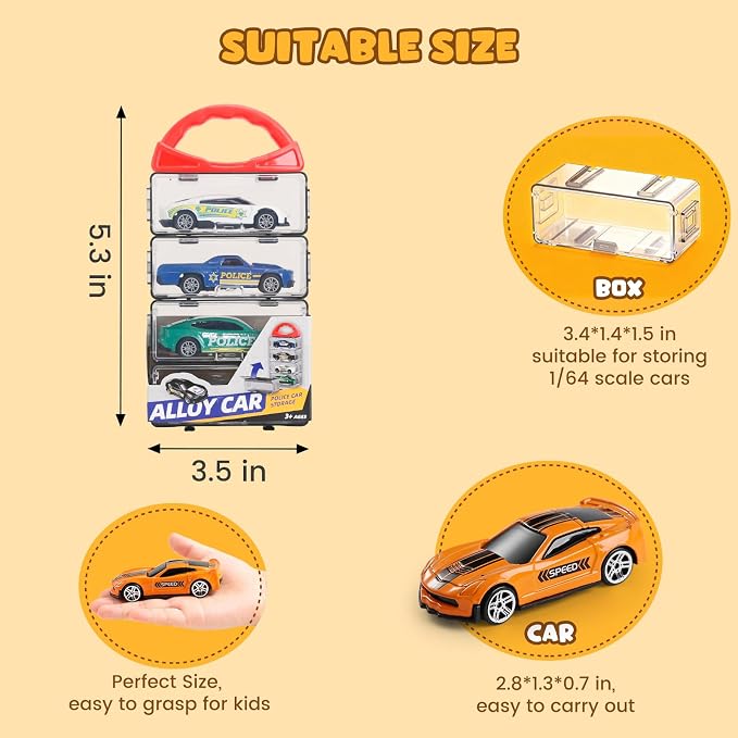 Die Cast Pull Back Toy Cars, 4 Pack 1:64 Mini Cars with | 4 pull-back die-cast mini cars with a portable storage case for racing, collecting, sharing, and travel play.