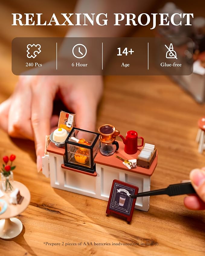 Rolife Miniature Dollhouse Kit, Coffee Shop Miniature Dollhouse Kits for Adults to Build, Wooden Mini House Model with LED Lights DIY Crafts Birthday Gifts and Hobbies Home Decor for Family Friends