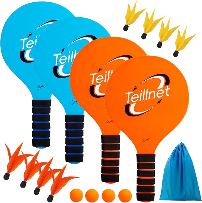 TEILLNET Beach Paddle Ball Set, Family Games for Kids and Adults, Badminton Set with 4 Rackets, Indoor Outdoor Sports Toys Lawn Camping Backyards Yard Games Summer Gifts for Boys Girls