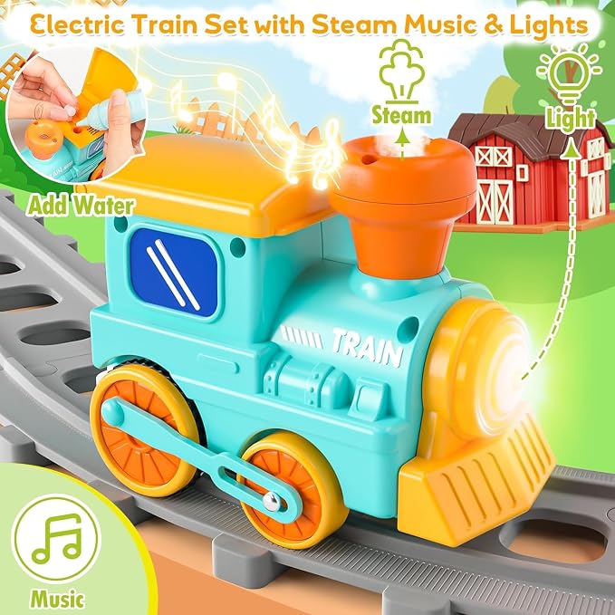 Farm Animal Train Toys for Toddlers 2-4, Kids Electric Train Set with Music, Steam & Lights, Montessori Learning Toys with Finger Puppets, Christmas Birthday Gifts for Boys Girls Age 18 Months+