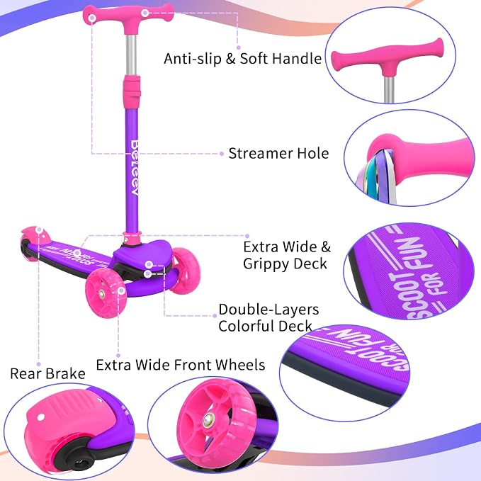 BELEEV A8 Scooter for Kids Ages 3-12, 3 Wheel Folding Scooter for Toddlers Girls Boys, LED Light-Up Wheels, 4 Adjustable Height, Lean to Steer, Extra Wide Wheels, Three Wheel Kick Scooter for Children