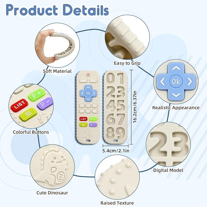 Teething Relief Teethers Toys for Babies 3-6-12 Months Gifts, Food Grade Silicone Sensory Remote Control Baby Teether Bath Toys for 9 18 Months Newborn Infant Boy Girl Autism, Beige