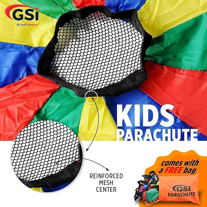 GSi Kids Play Parachute Rainbow Parachute Toy Tent Game for Children Gymnastics Cooperative Play and Outdoor Playground Activities (16 Feet)