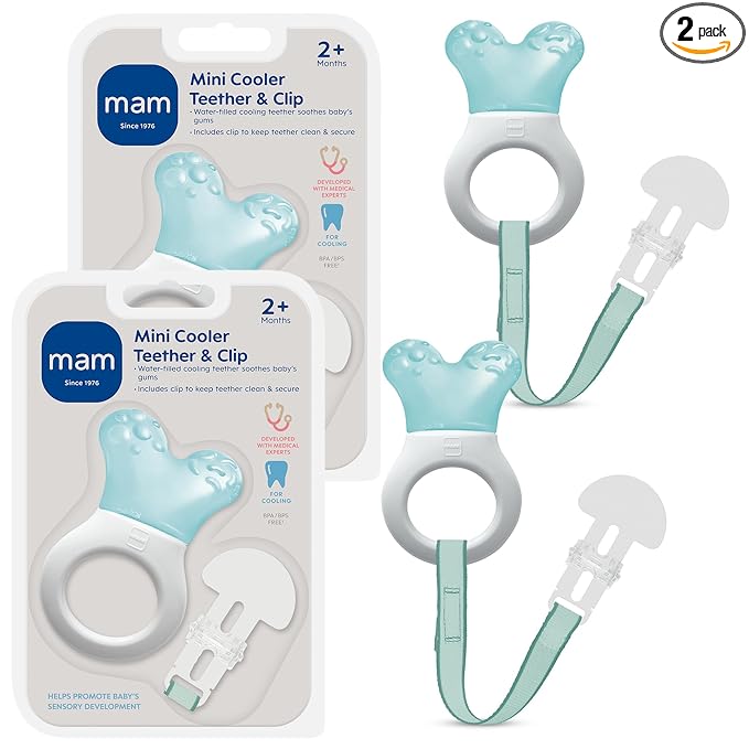 MAM Mini Cooler Baby Teether with Clip (2 Pack) – Cooling Teething Rings for Teething Relief, Lightweight Easy-Grip Design, Reaches Back Teeth, Refrigerator Safe Infant Teething Toy