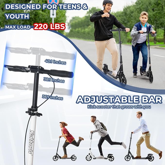 Nattork Scooter for Kids Teens and Adult Max Load 240LBS- Adjustable Height Folding Scooter with Large Sturdy Wheels Smooth Ride, Lightweight, Commuter Adult Scooters with Disc Brake,Shock Absorption