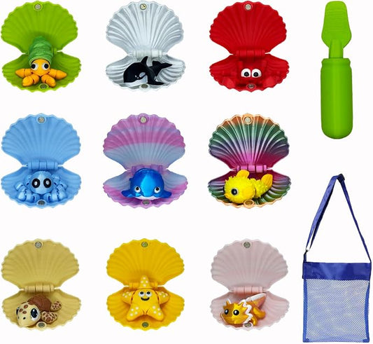 20 PCS 3D Printed Seashell Ocean Toy Set, 9 Colorful Openable 3D Shells with Movable Sea Creatures, Shell Opener & Storage Mesh Bag, Portable Summer Beach Pool Sensory Toys for Boys Girls