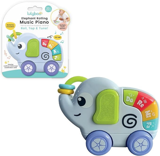 Lulyloo Elephant Rolling Music Piano interactive toddler toy with colorful tune keys, spinning beads, smooth wheels, fun melodies and volume control, lightweight for crawling, sitting and cruising fun