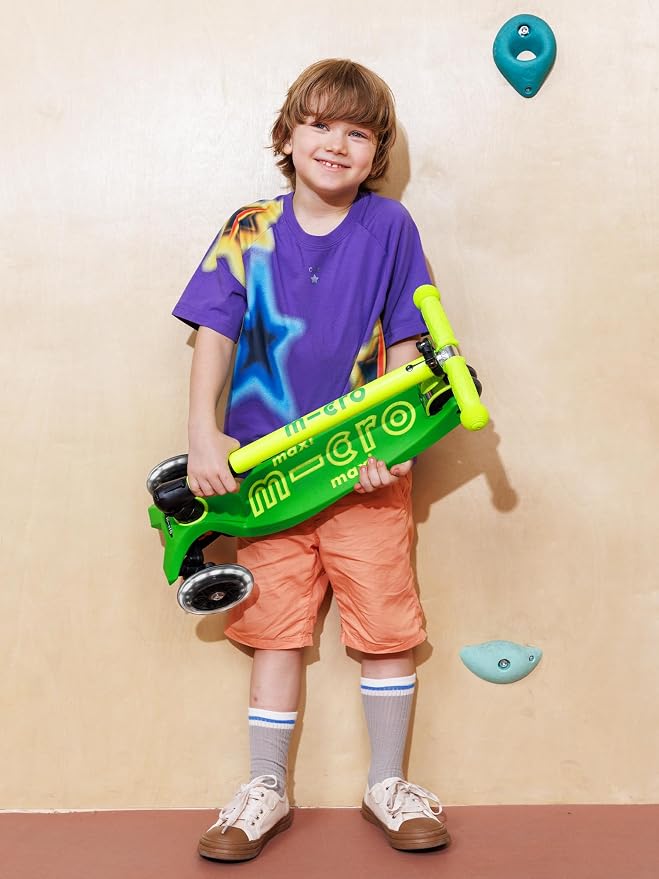Micro Kickboard | Maxi Foldable LED Kids Scooter for Ages 5-12 | Children up to 110 lbs | 3 Wheel Lean-to-Steer Design | Adjustable T Bar | Smooth Ride, Motion Activated PU LED Wheels | Swiss Design