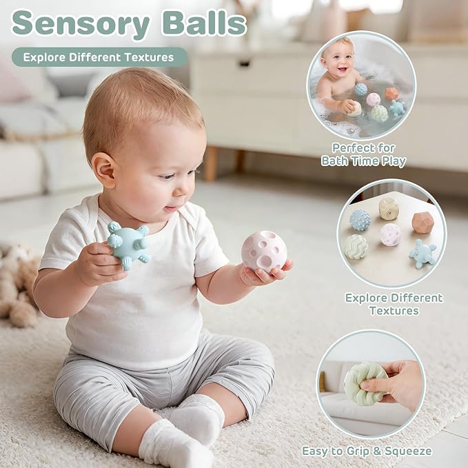 Baby Toys 6-12 Months, Montessori Toys for Babies, Shape Sorter & Stacking Rings & Stacking Cups & Sensory Balls, Teething Toys & Stacking Toys for 6+ Months, Neutral Color Gift for Boys Girls