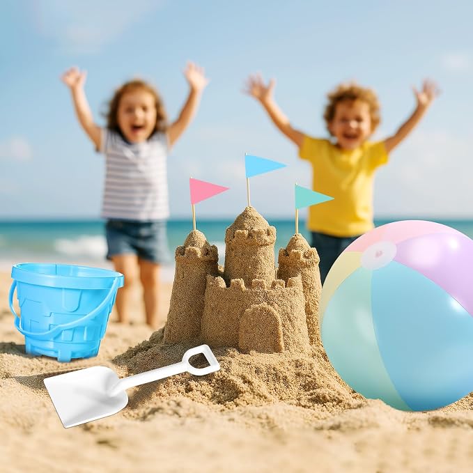 Lunmon 72 Pcs Beach Toys for Kids 24 Set Sand Buckets Shovels Bulk Pastel Beach Balls Inflatable Sand Toys for Girls Boys Toddlers Games Birthday Summer Pool Party Favor (Macaron, Castle)