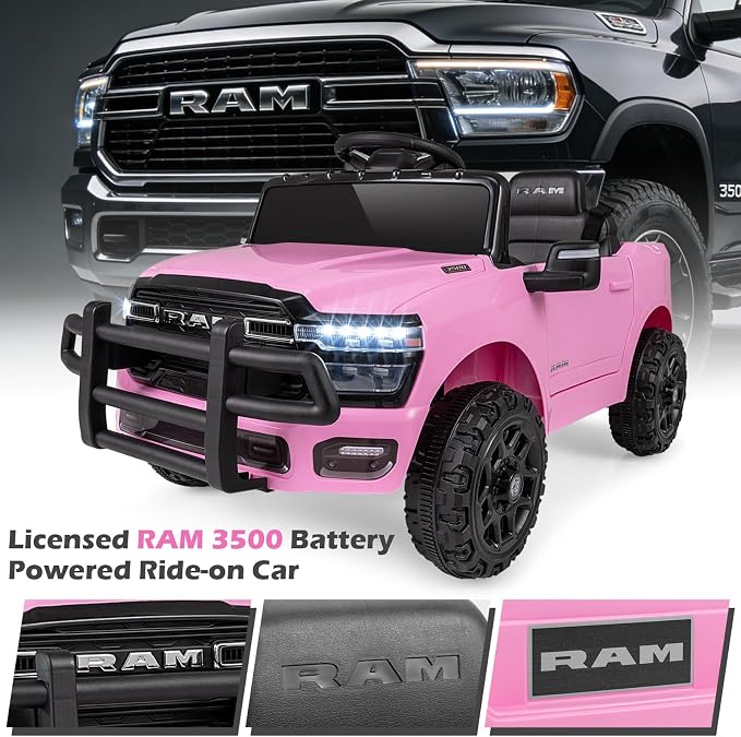 Costzon Ride On Car, 12V Licensed RAM Kids Electric Vehicle w/Remote Control, LED Lights, Music, Horn & Wireless Connection, Soft Start, Ride On Toy Kids Car for Boys Girls (1-Seater,Pink)