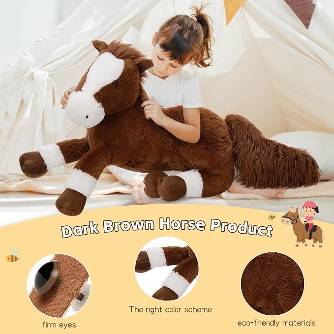 Tezituor 47 Inch Giant Horse Stuffed Animal, 4ft Large Chocolate Brown Pony Plush Toy, Realistic Farm Horse Plush Body Pillow Decor Birthday for Kids Girls Boys Horse Lovers