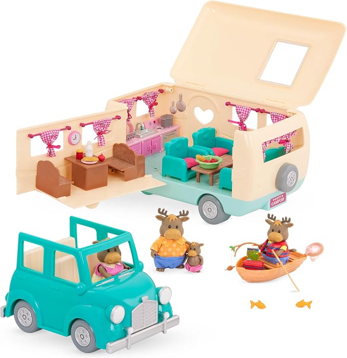 Li'l Woodzeez – 53 Pieces Happy Camper Playset with Moose Family, Detachable RV Trailer & Vehicle – Dollhouse Furniture & Accessories – Pretend Play Gift for 3+ Years Years