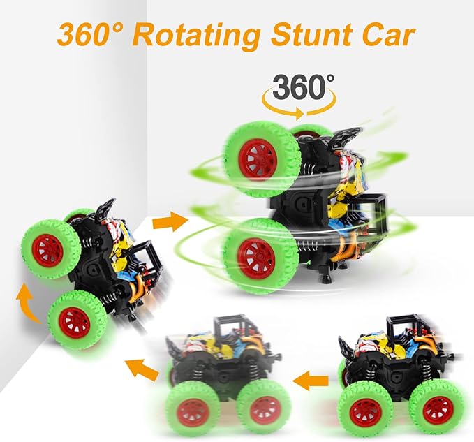 M SANMERSEN Monster Truck Toys for Kids, Friction Cars for Toddlers Push and Go 360° Rotating Stunt Car for 3+ Year Old Boys Girls Gifts (4 Pack - Blue/Green/Red/Yellow)