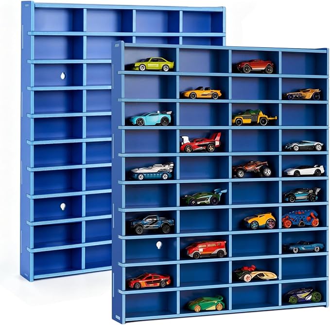 Krafetto 2 Pack Toy Car Display Shelf, Holds 80 Diecast 1/64 Toy Cars, Wall Mount Model Car Storage Organize Case, Blue