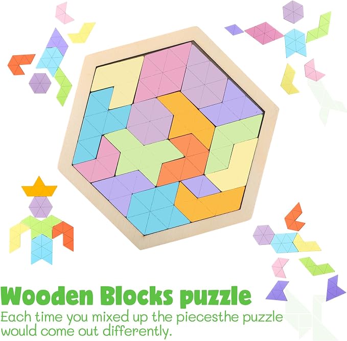 Yunsailing 3 Pack Large Wooden Blocks Puzzles Hexagon Tangram Puzzle Wooden Russian Brain Puzzles for Adult Challenge Teasers Geometric Jigsaw Logic Iq STEM Educational Gift Graduation(Fresh)