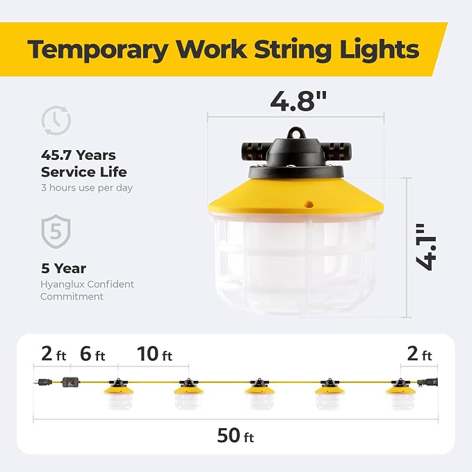 50FT 3 Prong 75W Construction String Lights with Switch, 5-Head LED Work Light, ETL Certified, 18/3 SJTW Cord, IP65 Waterproof, Linkable up to 12 Sets, for Jobsite, Attic, Garage