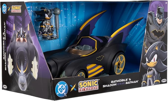DC X Sonic Batmobile Shadow-fied! with Cool 2.5 Inch Shadow Action Figure as Batman, from the DC x Sonic the Hedgehog Comic Book Series - A Collector's Must Have!
