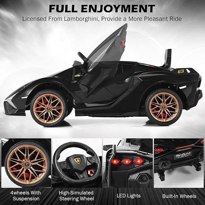 INFANS 12V Licensed Lamborghini Sian Kids Ride On Car with Parent Remote Control, Spring Suspension, MP3 Player, Electric Toy Roadster Carbon Fiber Textured for Toddler (Black Golden)