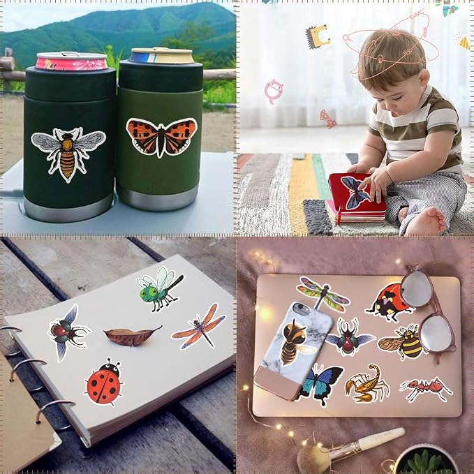 QTL Bug Stickers for Kids, Insect Party Favors, Waterproof Vinyl Stickers for Water Bottle and Laptop, 50PCS