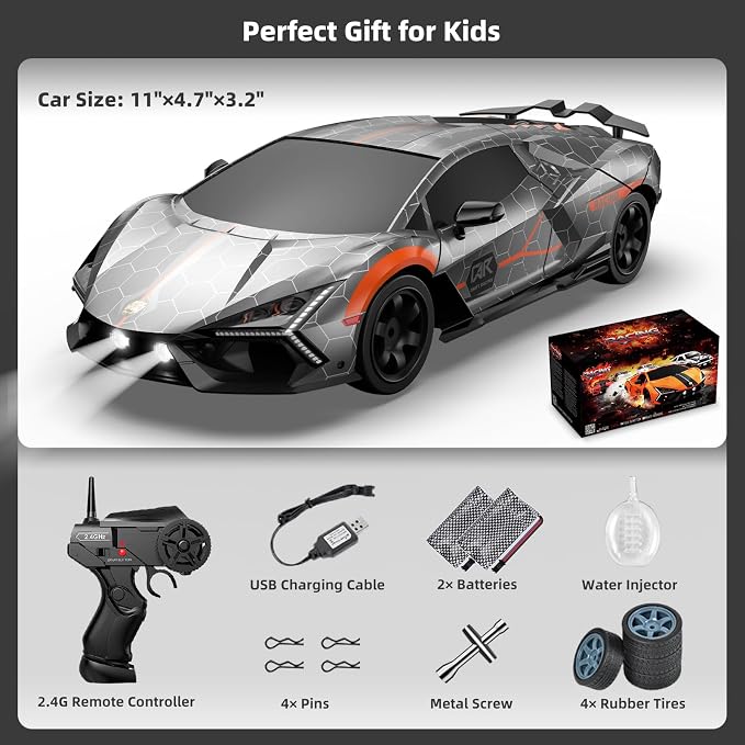 RC Drift Car, Drifting RC Car 2.4GHz 1:16 4WD High Speed Remote Control Cars Vehicle with LED Lights Two Batteries and Drifting Tires Racing Sport Toy Cars for Adults Boys Girls Kids Sliver