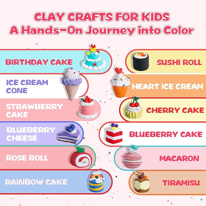 Air Dry Clay Kit, Modeling Clay for Kids, 12 Pack Dessert Theme, Soft Non-Sticky, Non-Toxic DIY Arts & Crafts with Sculpting Tools & Tutorials, Birthday Holiday Classroom Gifts, Party Favors for Kids