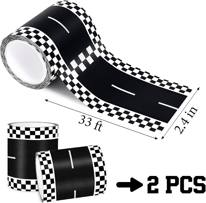 WNINK 2 Rolls Black Race Track Tape, Kids Race Car Stickers, Race Car Track Decorations, 2.4 Inch Wide, 2 X 33 FT Long, Easy Tear, No Residue for Kids Birthday Gift and Racing Party Decoration