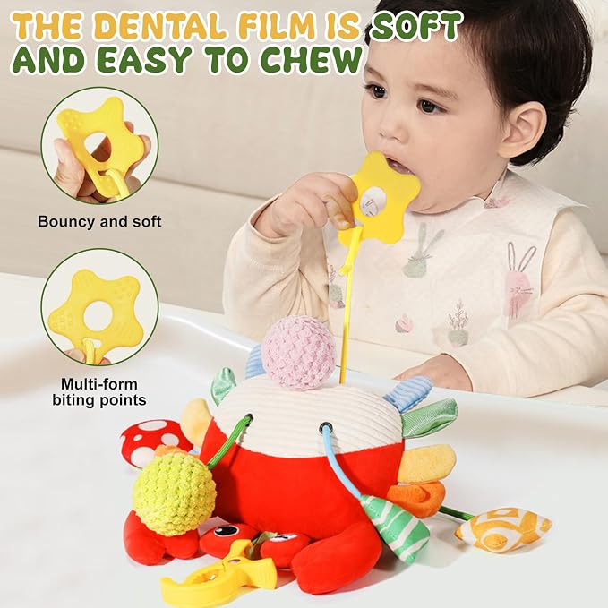 Car Seat Baby Toys 0-6 Months，Stroller Toy，Babies Infant Sensory Carseat Hanging Toy Gym with Squeaker, Crinkle, Rattle, Mirror & Teether| Soft Plush，Babies Gift 0-3-6-12 Months Boy Girl